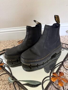Dr. Martens Black Leather Chelsea Lug Boots with Yellow Stitching